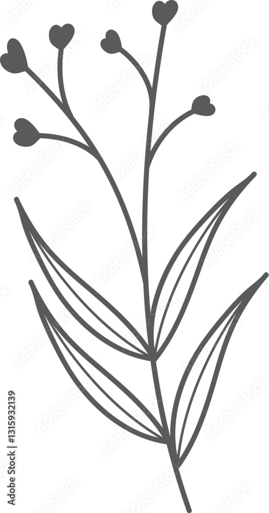 Obraz premium Gray floral sprig, leaves, minimalist design, white background, invitation