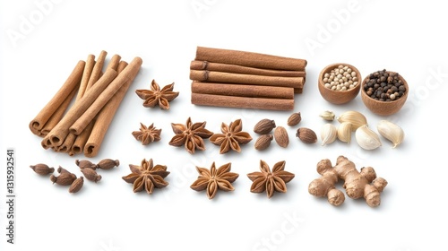 Wallpaper Mural Flat lay of an exotic spice set with cinnamon sticks, star anise, and cloves, neatly arranged on a white surface, emphasizing warm and aromatic flavors white background Torontodigital.ca