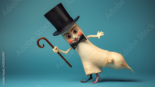 A parsnip with a top hat and cane, dancing like a vaudeville performer