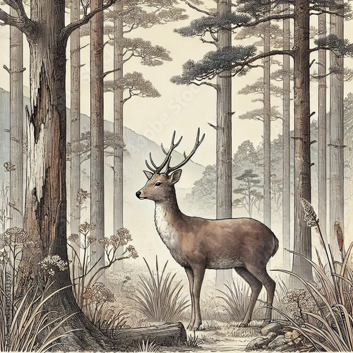 Majestic Stag Standing in the Misty Forest photo