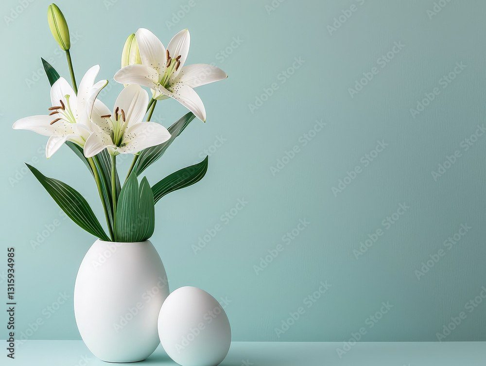 A minimalist arrangement featuring white lilies in a sleek vase, complemented by a decorative egg against a soft mint-green backdrop. A minimalist arrangement featuring white lilies in a sleek vase, complemented by a decorative egg against a soft mint-green backdrop.