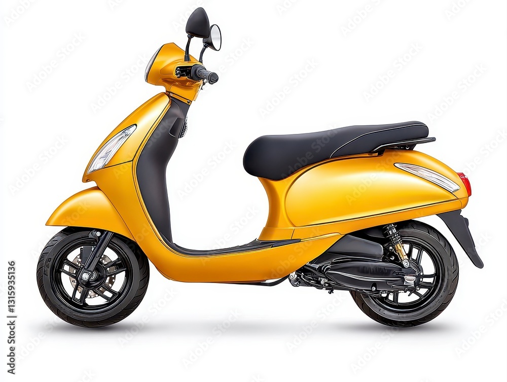 Unique yellow scooter featuring a curved tank captured from a side view perspective highlighting its playful design Unique yellow scooter featuring a curved tank captured from a side view perspective highlighting its playful design