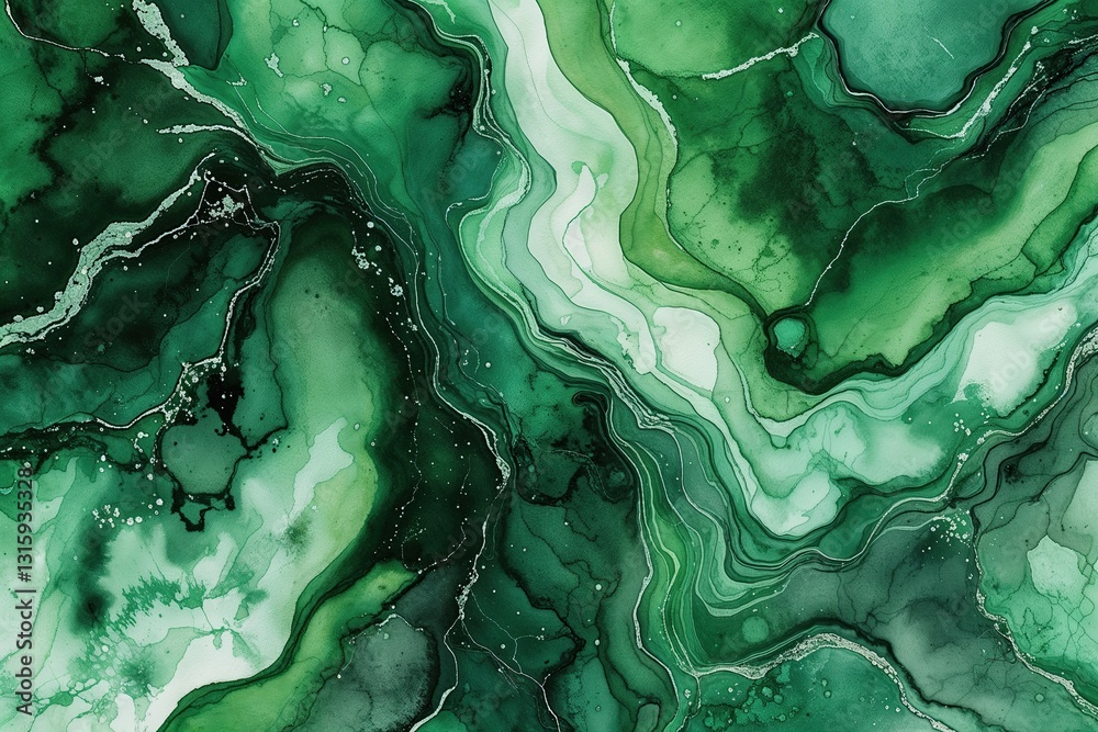 Obraz premium Lush Green Watercolor Background Pattern with Veined Marble-Like Texture and Festive Elegance