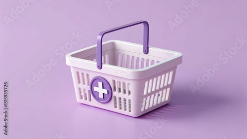 Online shopping concept, Purple shopping basket with medical cross symbol on a pastel background. 3d banner background.