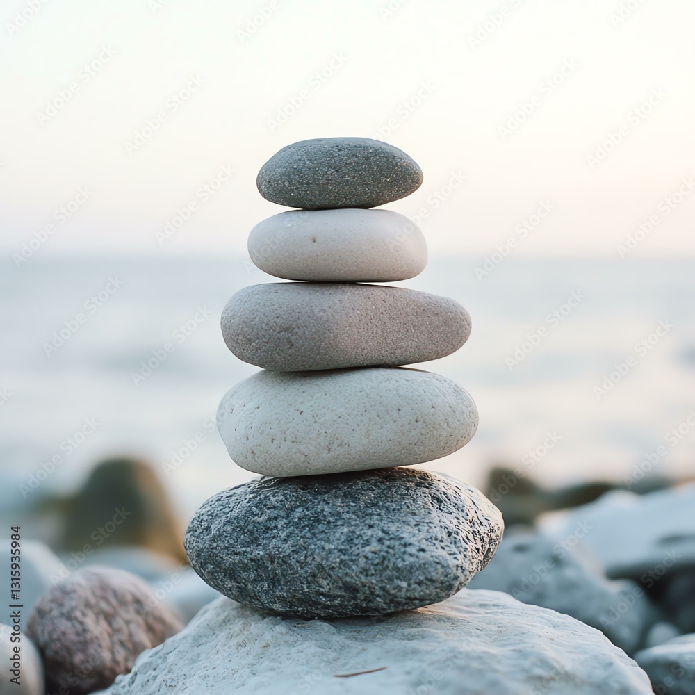 Meditation and peaceful spa in pastel style Stacked stones by the tranquil ocean waves. Meditation and peaceful spa in pastel style Stacked stones by the tranquil ocean waves.