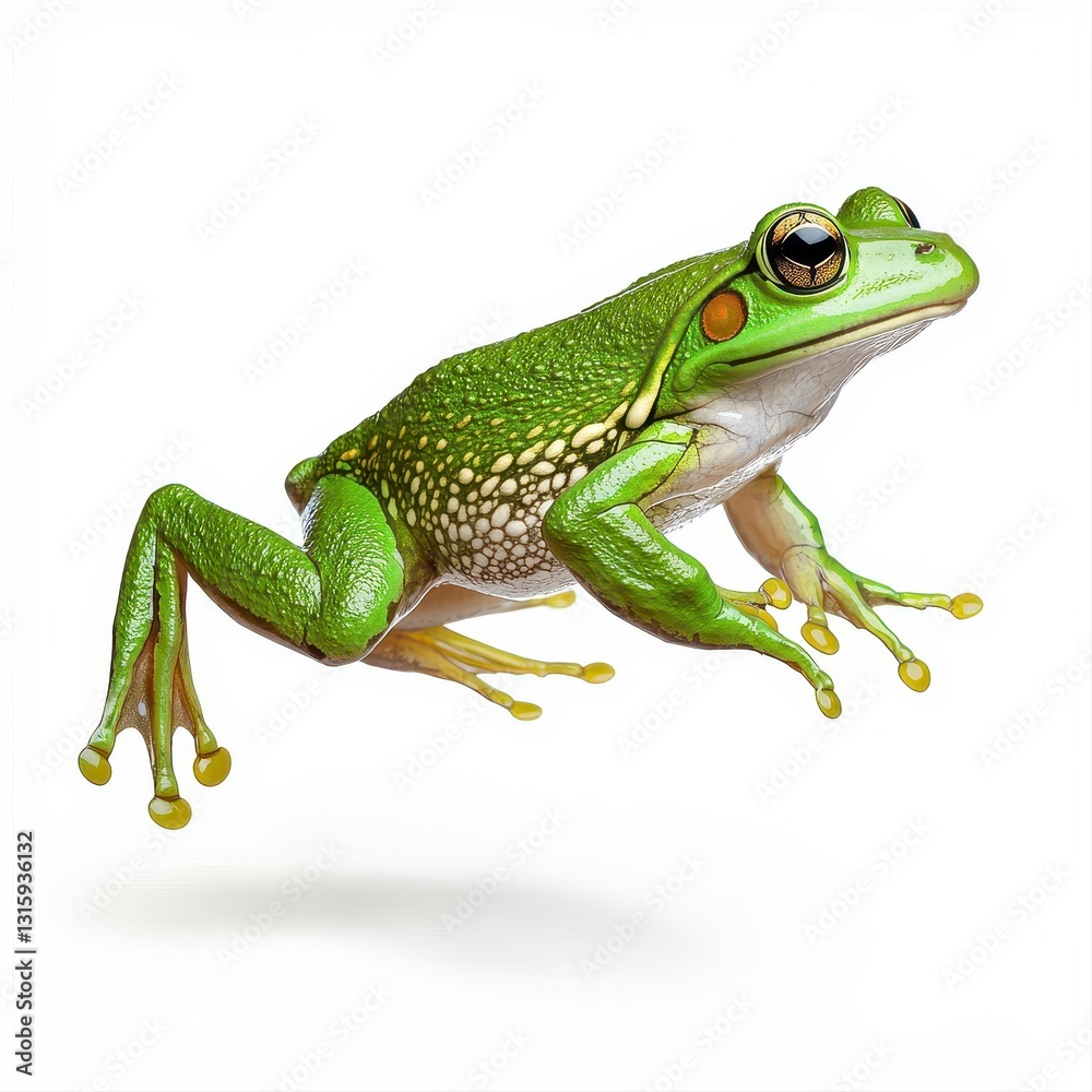 Obraz premium Green frog jumping energetically with dynamic motion captured against a bright white background showcasing its features