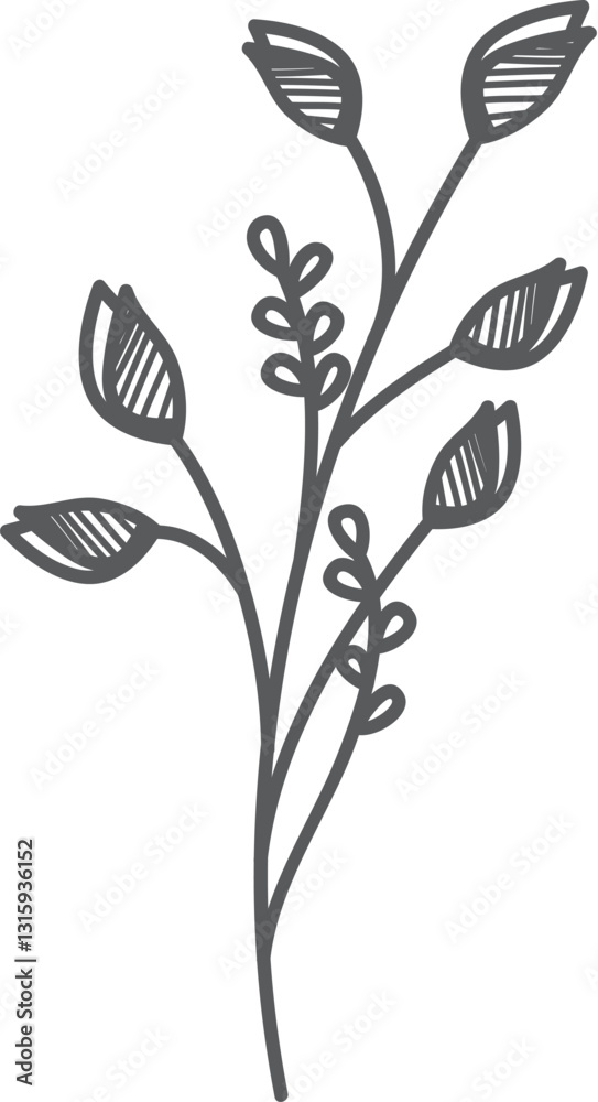 Obraz premium Gray sketched floral sprig, white background, design element