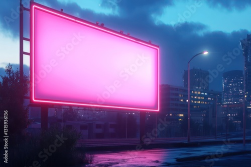 Neon-lit street billboard at night, blank, pink and blue illumination.