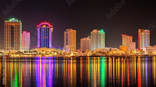 Wallpaper Mural Illuminated Urban Skyline at Night Reflecting on Water with Colorful Neon Lights in a Vibrant Metropolis Setting Torontodigital.ca