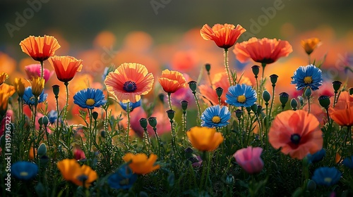 Vibrant Wildflower Meadow with Colorful Blooms Under Warm Sunlight in Nature's Bountiful Display