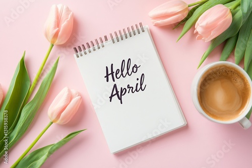 Hello april, Spring greeting card with message, pastel pink background, fresh tulips and coffee cup, perfect for seasonal celebrations.
