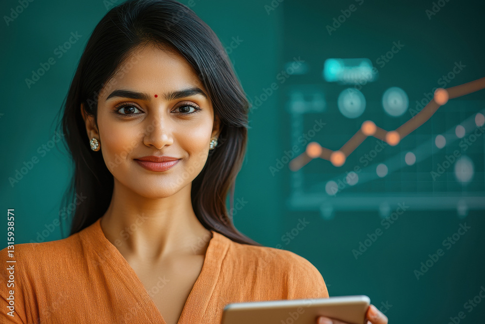 indian real corporate Business woman standing holding a tablet on hand, inside visual data chart, digital business tools floating around him indian real corporate Business woman standing holding a tablet on hand, inside visual data chart, digital business tools floating around him