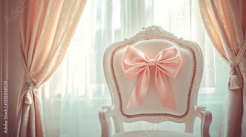 Elegant white chair with a pink bow, near a window with sheer curtains.