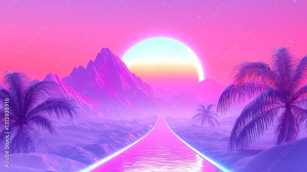 Naklejka premium Neon Dreamscape, vibrant airbrush painting featuring neon gradients and a nostalgic synth-wave vibe, capturing the essence of the energetic 1980s aesthetic.