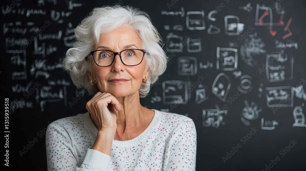 Portrait of a Thoughtful Senior Woman in Glasses Against Chalkboard Background Portrait of a Thoughtful Senior Woman in Glasses Against Chalkboard Background