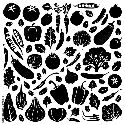 This image features a seamless pattern of various vegetables and leafy greens in a black-and-white silhouette style. The composition includes recognizable shapes such as tomatoes, carrots, bell pepper