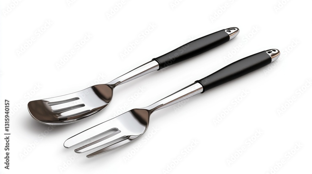 High-quality isolated image of a stainless steel kitchen tong and spatula set, placed on a pure white background, perfect for BBQ and grilling branding High-quality isolated image of a stainless steel kitchen tong and spatula set, placed on a pure white background, perfect for BBQ and grilling branding