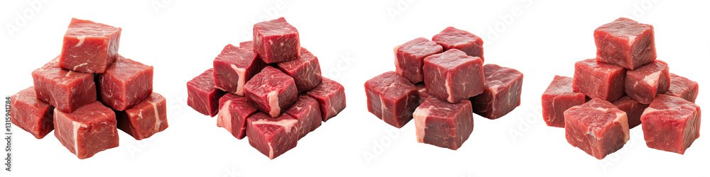 Cubes of raw beef stacked in four piles on transparency background Cubes of raw beef stacked in four piles on transparency background