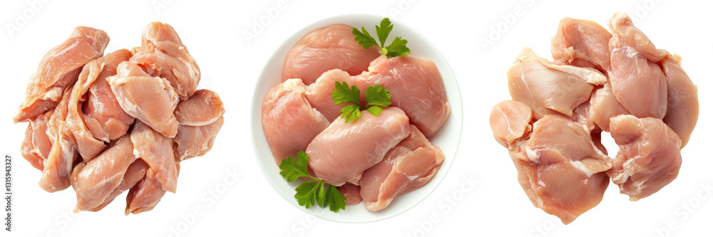 Raw chicken pieces on transparency background with parsley garnish Raw chicken pieces on transparency background with parsley garnish