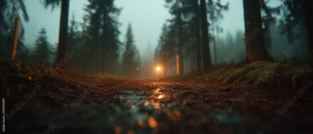 Obraz premium Moody Forest Path with Mysterious Light in Misty Twilight Environment
