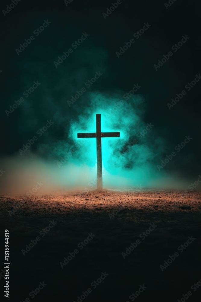 Fototapeta premium Mystical Cross Illuminated by Ethereal Glow in Foggy Night Landscape