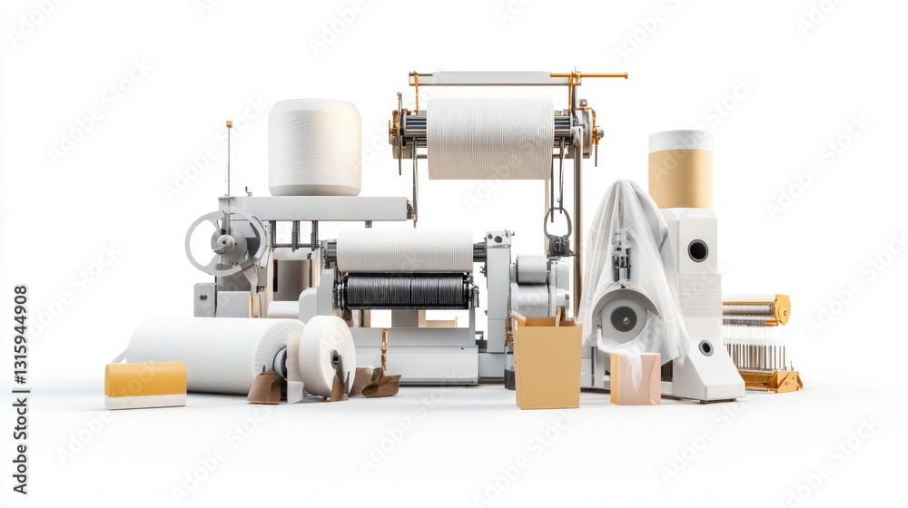 Fototapeta premium High-resolution image of a textile machinery set including weaving machines, spinning frames, and fabric cutters against a white backdrop