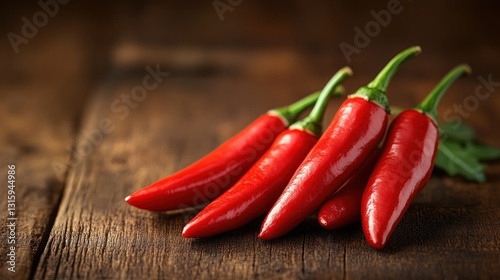 Fresh red chili peppers on a wooden table