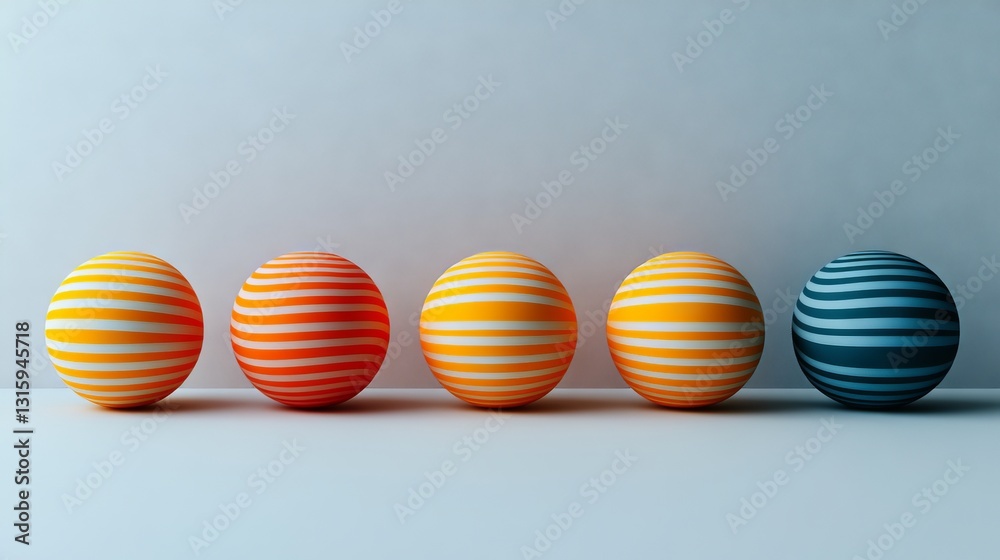 A row of five multicolored spheres reflects light on a polished surface, set against a simple backdrop A row of five multicolored spheres reflects light on a polished surface, set against a simple backdrop