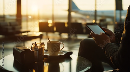 Person using phone at airport lounge, sunset.