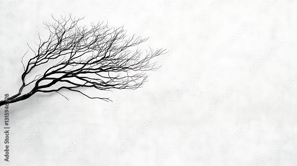 Fototapeta premium A stark, minimalist image of a bare tree branch against a white background, evoking themes of solitude and resilience.
