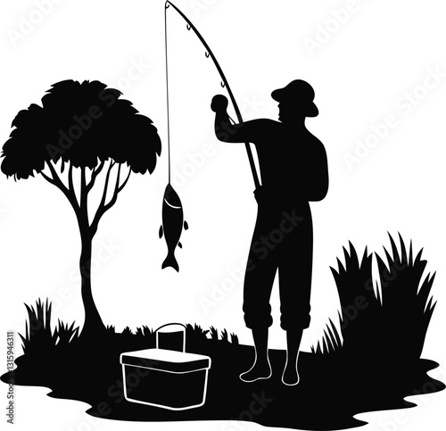 Premium quality Fisherman silhouette vector illustration, Fisherman line art vector icon design