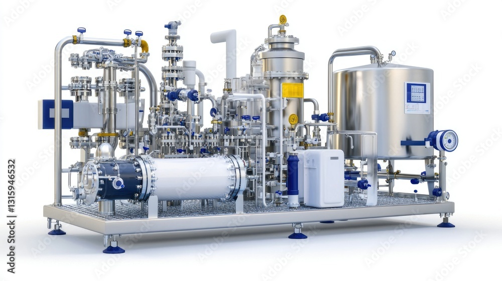 Professional image of a chemical processing machinery set with reactors, mixers, and filtration systems, placed on a seamless white background, perfect for branding, packaging, and advertising Professional image of a chemical processing machinery set with reactors, mixers, and filtration systems, placed on a seamless white background, perfect for branding, packaging, and advertising
