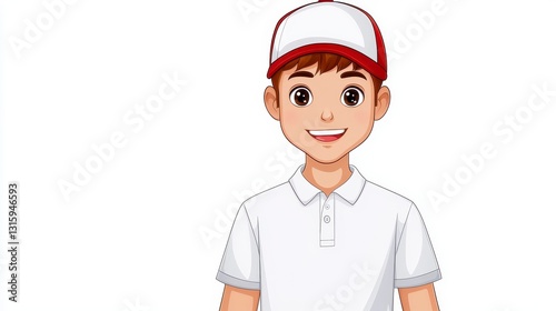 Smiling Young Man in White Polo Shirt and Red Baseball Cap