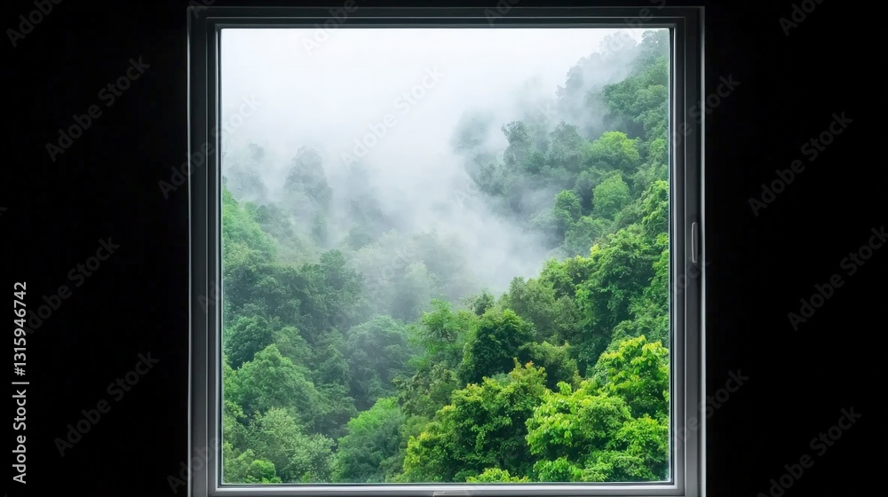 Fototapeta premium Misty Mountain View from Window Serene Nature Scene