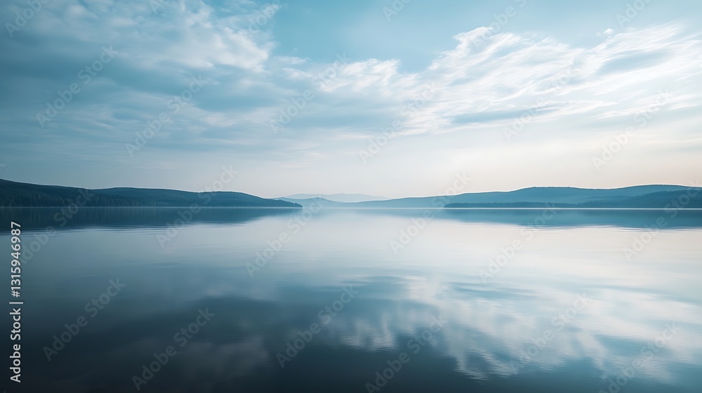 Fototapeta premium Serene lake reflecting sky and distant hills at dawn.