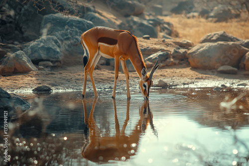 Impala Drinking from River with Reflection