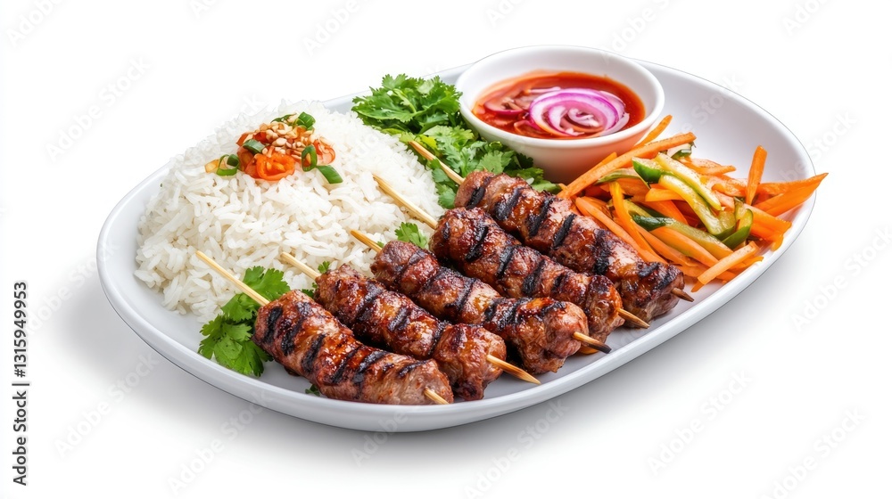 Professional image of a traditional Vietnamese street food platter with grilled pork skewers, broken rice, and pickled vegetables, placed on a seamless white background Professional image of a traditional Vietnamese street food platter with grilled pork skewers, broken rice, and pickled vegetables, placed on a seamless white background