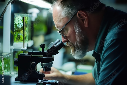 Marine biologist examining algae under a microscope.
