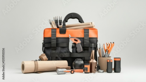 Studio shot of an all-purpose construction toolkit with pipes, nails, cement, and lumber, isolated with soft lighting, creating a professional and practical look