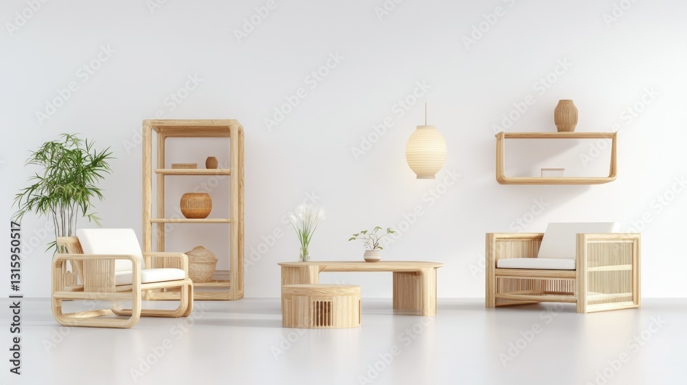 Fototapeta premium Studio shot of an elegant bamboo furniture set with chairs, tables, and shelves, isolated with soft lighting, creating a professional and natural look