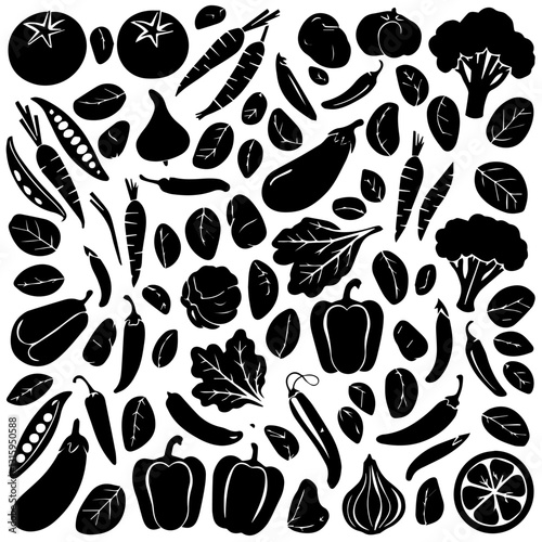 This image features a seamless pattern of various vegetables and leafy greens in a black-and-white silhouette style. The composition includes recognizable shapes such as tomatoes, carrots, bell pepper