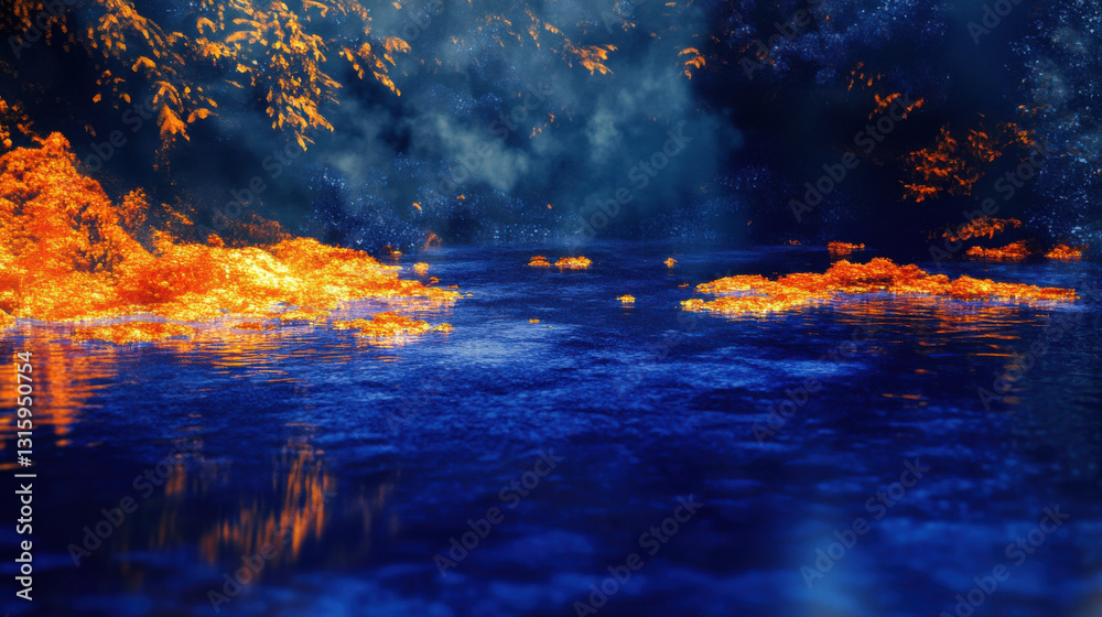A deep blue natural spring with fiery orange and golden mineral deposits along the edges A deep blue natural spring with fiery orange and golden mineral deposits along the edges