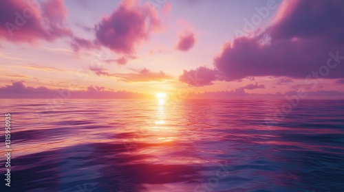 Vibrant sunset over calm ocean water, pink and purple hues.