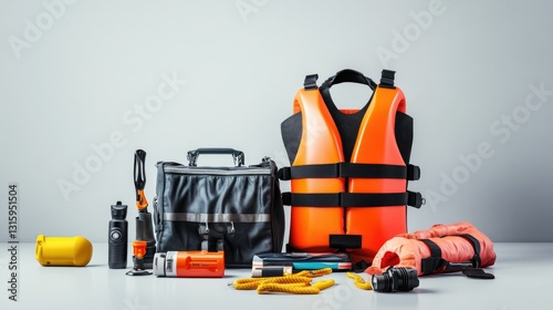 Studio shot of a comprehensive maritime safety kit with a life jacket, distress flares, and a waterproof flashlight, isolated with soft lighting, creating a professional and lifesaving look
