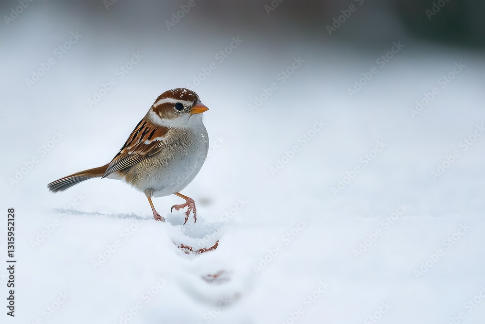 A tiny sparrow leaving delicate footprints in the fresh, powdery snow. A tiny sparrow leaving delicate footprints in the fresh, powdery snow.