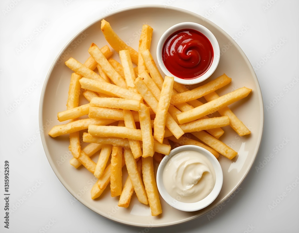 Golden Crunch: A tantalizing plate of perfectly golden french fries alongside two inviting bowls of rich, creamy condiments, captured from a top-down perspective. Ai generated image Golden Crunch: A tantalizing plate of perfectly golden french fries alongside two inviting bowls of rich, creamy condiments, captured from a top-down perspective. Ai generated image