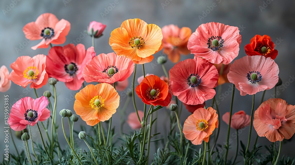Fototapeta premium Vibrant Display of Poppies in Various Colors Against a Soft Background for Nature and Floral Themes