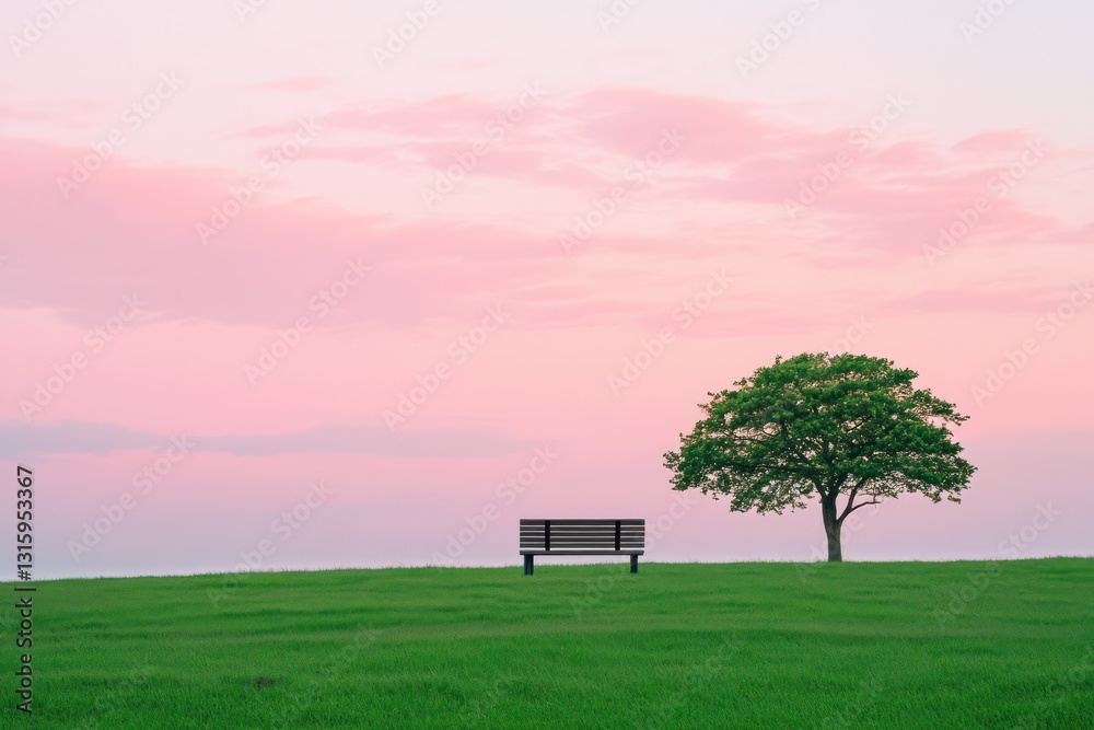 Peaceful park bench sunrise, lone tree, green field Peaceful park bench sunrise, lone tree, green field