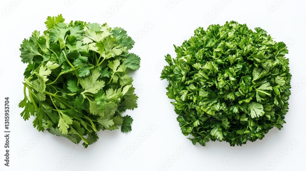 Obraz premium Fresh cilantro leaves were grouped in various clusters, highlighting their vivid green color and unique leaf forms