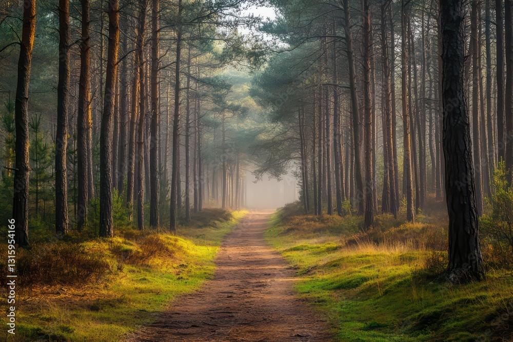 Fototapeta premium Misty morning in a majestic pine woodland with a tranquil footpath leading into the distance.